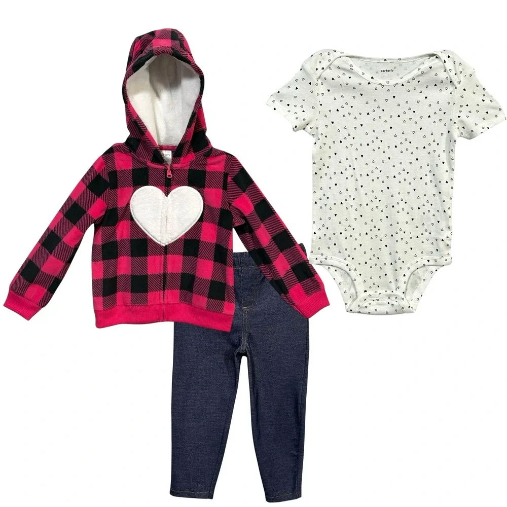 Carters Baby Girls 3pc Fleece Jacket Top Pants Outfit Set Sz 9M Pink Navy White - Picture 1 of 9